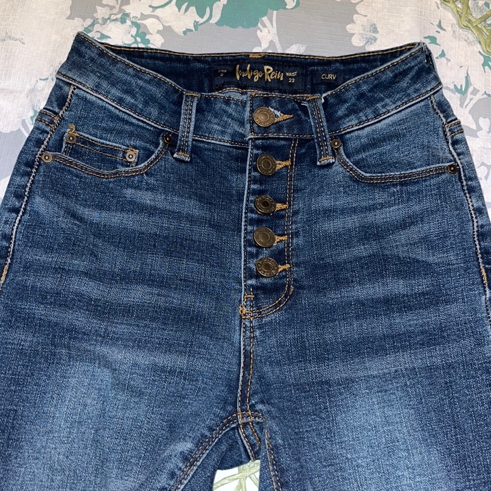 Indigo Rein Mid/ High Rise Deconstructed Distressed Button Fly Dk Blue Jean sz 0
